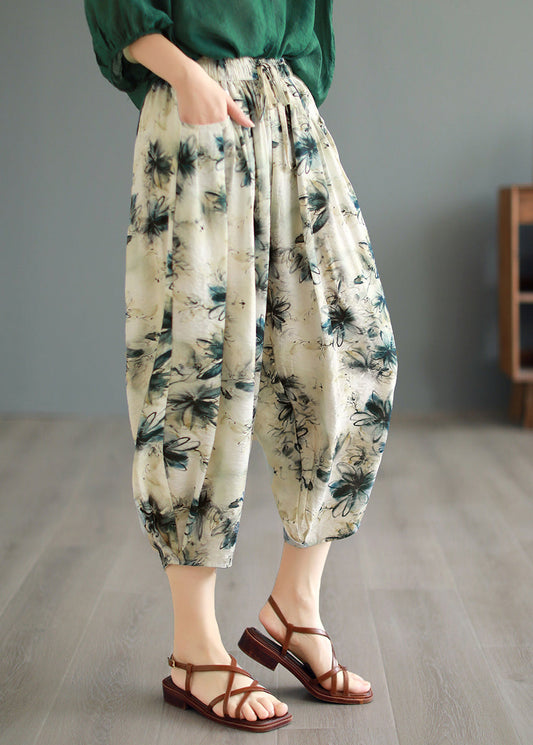 Original Design Green Pockets Print Linen Crop Pants Summer Bv058