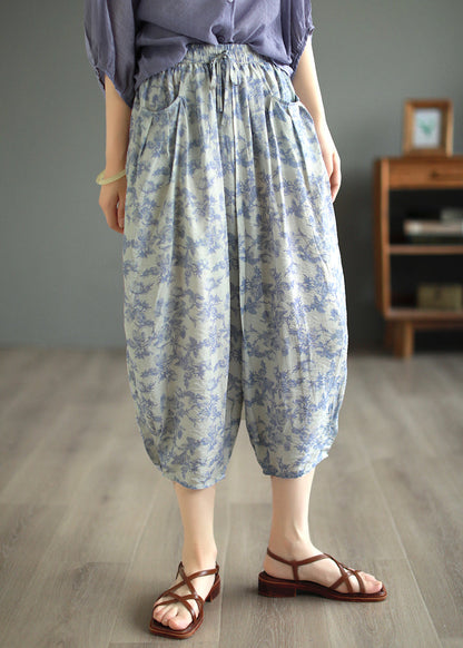 Original Design Green Pockets Print Linen Crop Pants Summer Bv058