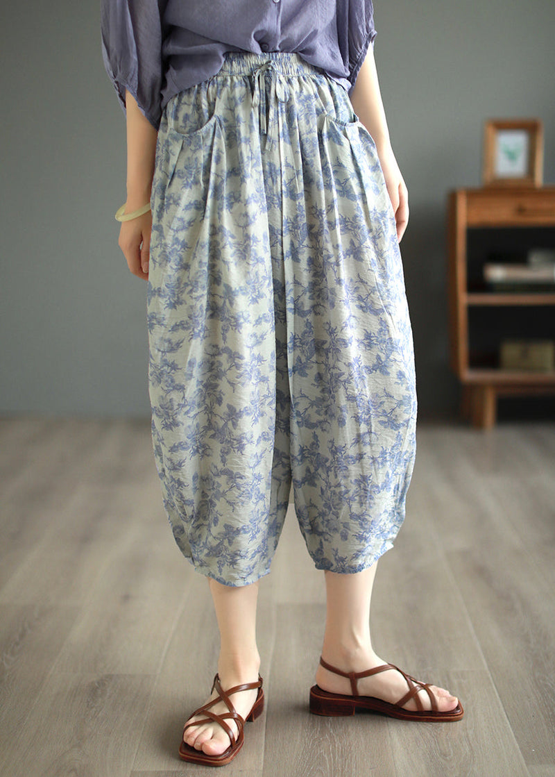 Original Design Green Pockets Print Linen Crop Pants Summer Bv058