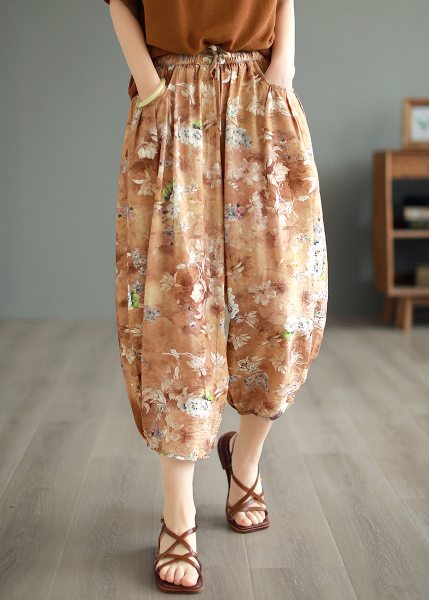 Original Design Green Pockets Print Linen Crop Pants Summer Bv058