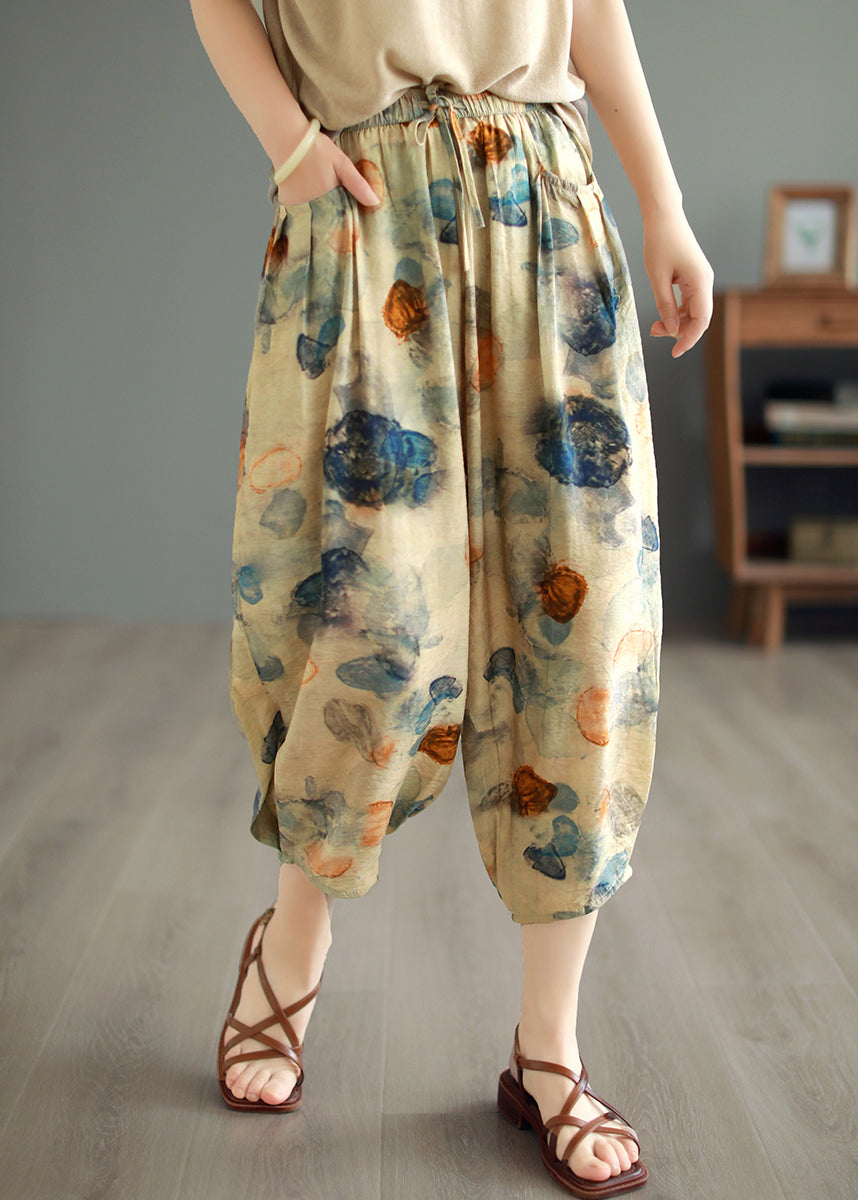 Original Design Green Pockets Print Linen Crop Pants Summer Bv058
