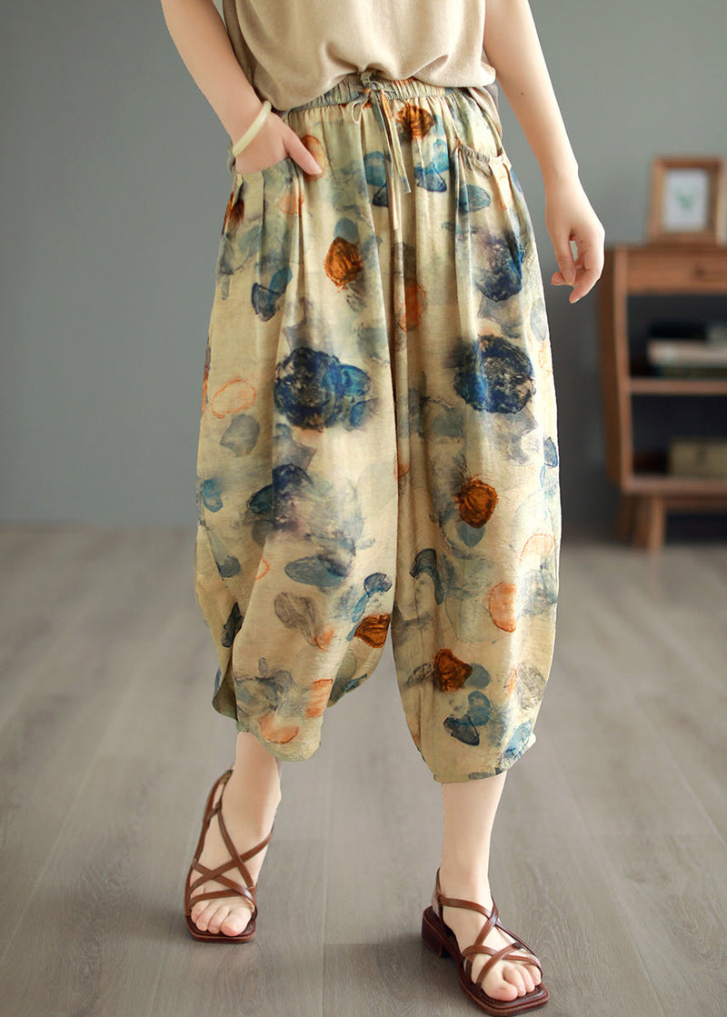 Original Design Green Pockets Print Linen Crop Pants Summer Bv058