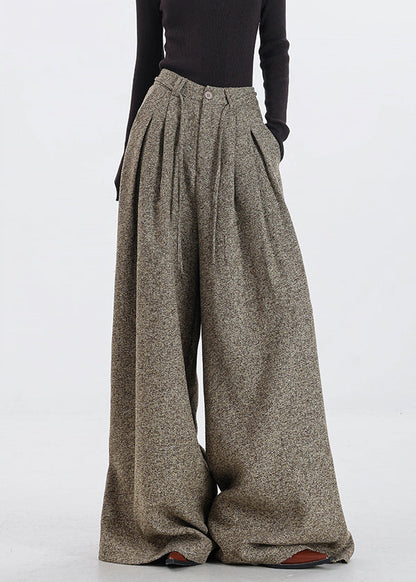 Original Design Khaki Pockets High Waist Woolen Wide Leg Pants Winter Rs045