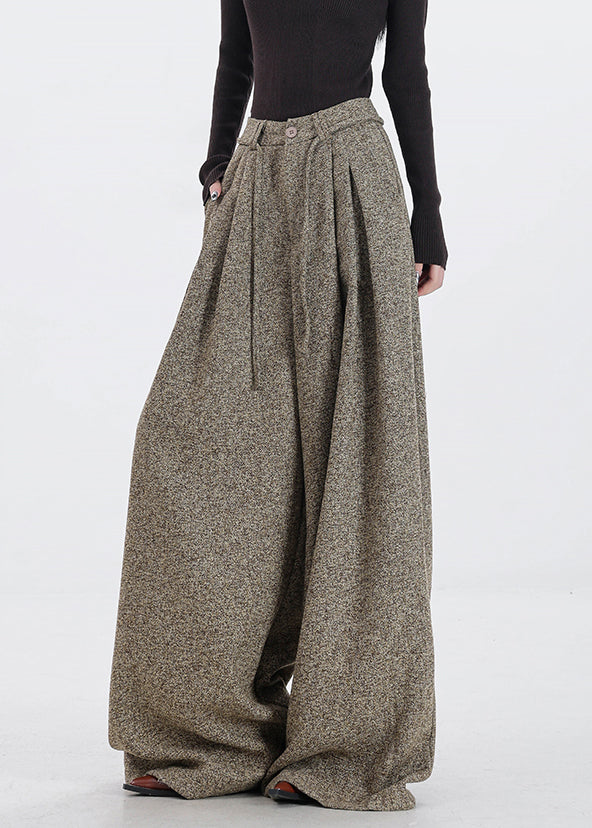 Original Design Khaki Pockets High Waist Woolen Wide Leg Pants Winter Rs045