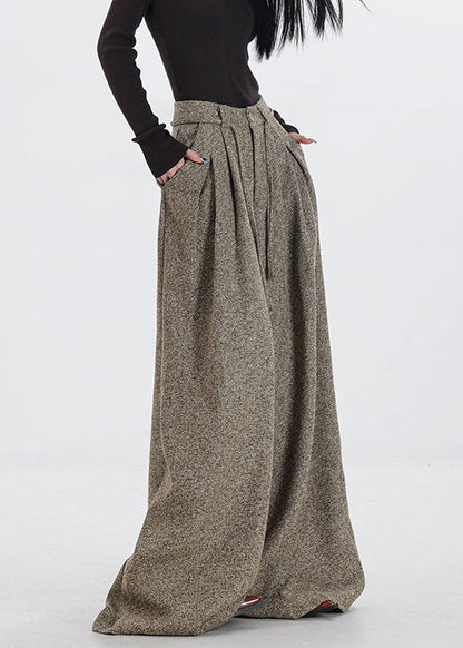 Original Design Khaki Pockets High Waist Woolen Wide Leg Pants Winter Rs045