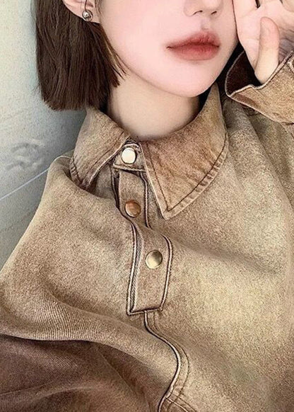 Original Design Light Brown Peter Pan Collar Denim Coats Spring Rp010