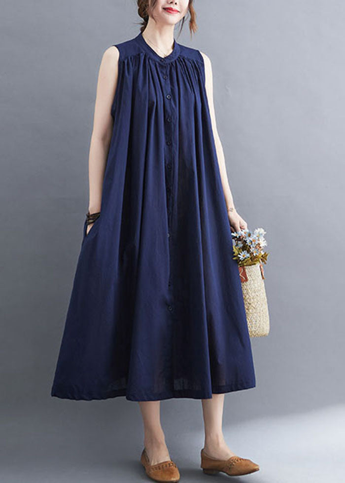 Original Design Navy O-neck Button Cotton Maxi Dress Sleeveless Ac2041