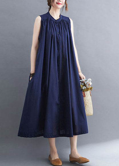 Original Design Navy O-neck Button Cotton Maxi Dress Sleeveless Ac2041