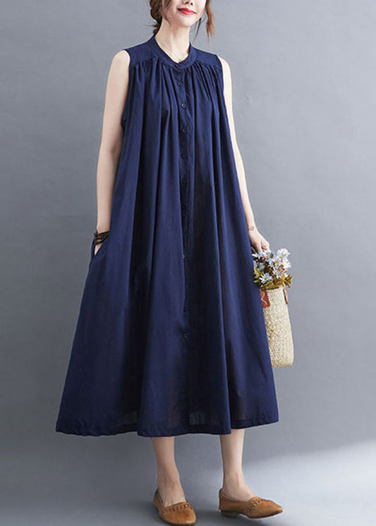 Original Design Navy O-neck Button Cotton Maxi Dress Sleeveless Ac2041