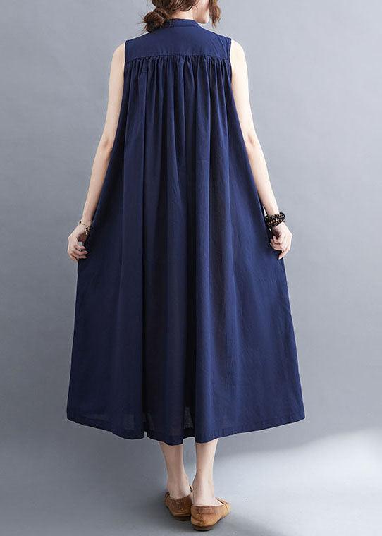 Original Design Navy O-neck Button Cotton Maxi Dress Sleeveless Ac2041