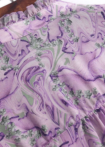 Original Design Purple Stand Collar Ruffled Print Chiffon Blouse Top Spring Fr2031