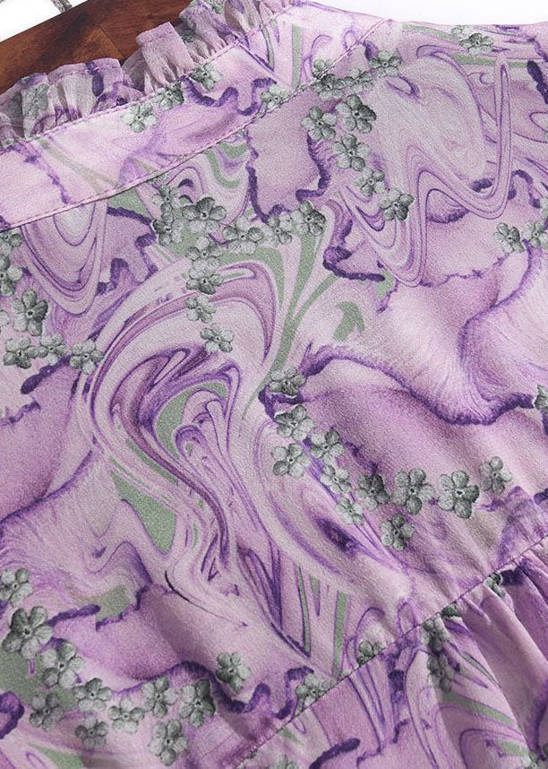 Original Design Purple Stand Collar Ruffled Print Chiffon Blouse Top Spring Fr2031