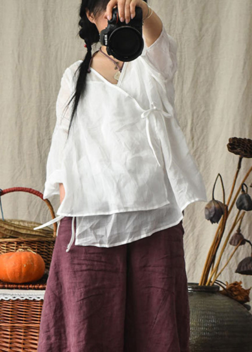 Original Design Red V Neck Lace Up Linen Blouses Summer Lk029