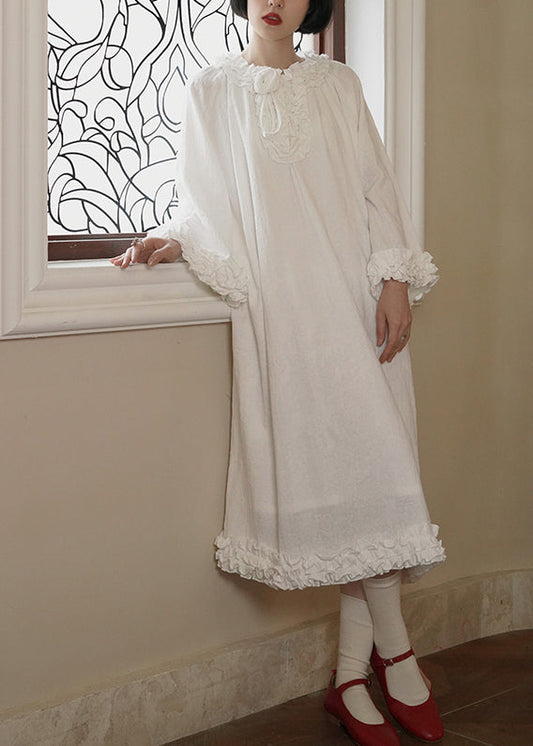 Original Design White Ruffled Patchwork Cotton Long Dress Fall We027