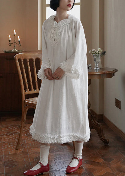 Original Design White Ruffled Patchwork Cotton Long Dress Fall We027