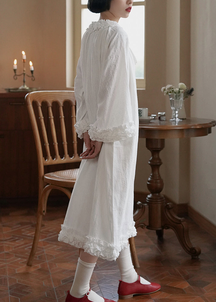 Original Design White Ruffled Patchwork Cotton Long Dress Fall We027