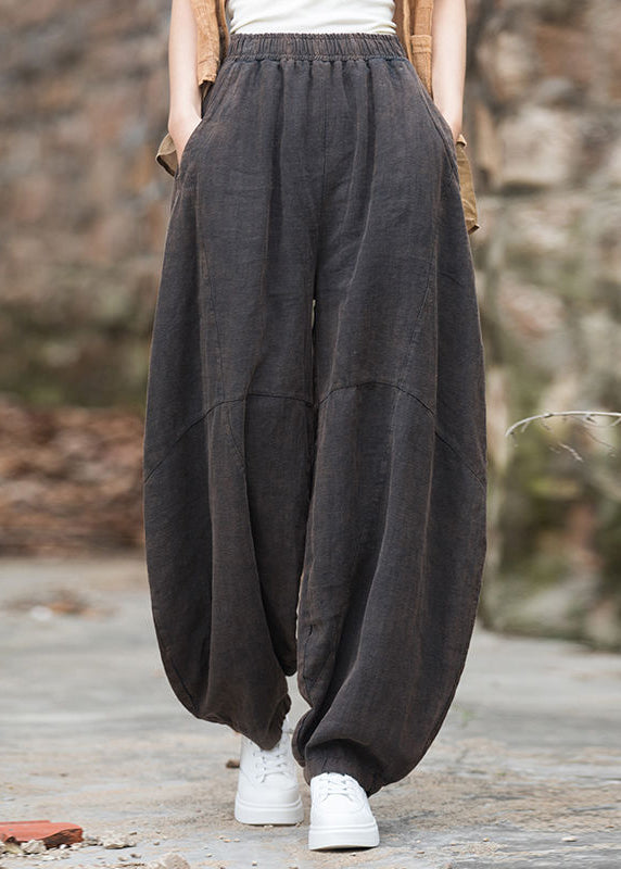 Original Green Pockets Elastic Waist Patchwork Linen Pants Summer Lk032