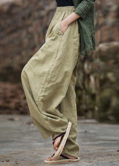 Original Green Pockets Elastic Waist Patchwork Linen Pants Summer Lk032