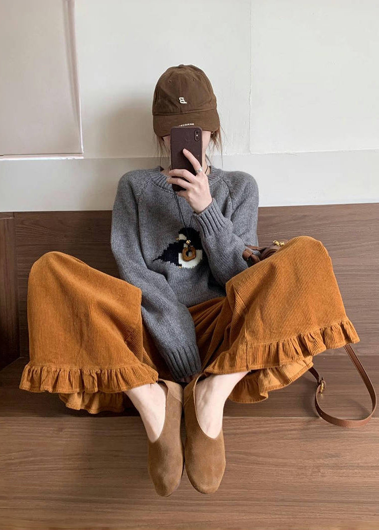 Original Green Ruffled Patchwork Corduroy Wide Leg Pants Winter Rf010