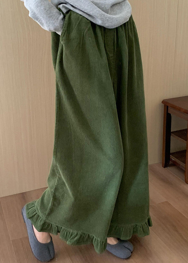 Original Green Ruffled Patchwork Corduroy Wide Leg Pants Winter Rf010