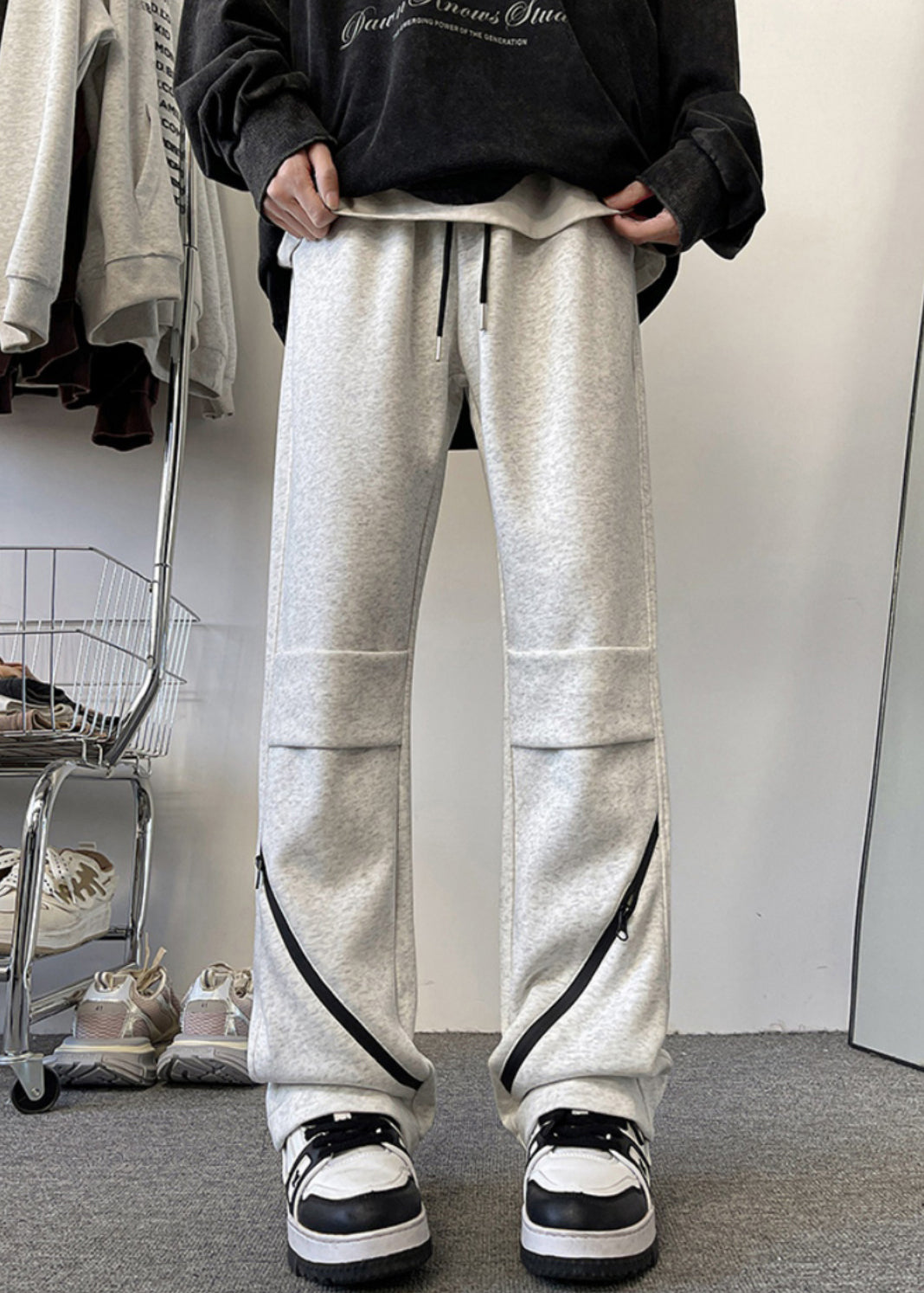 Original Grey Zippered Elastic Waist Cotton Pants Fall Wa045