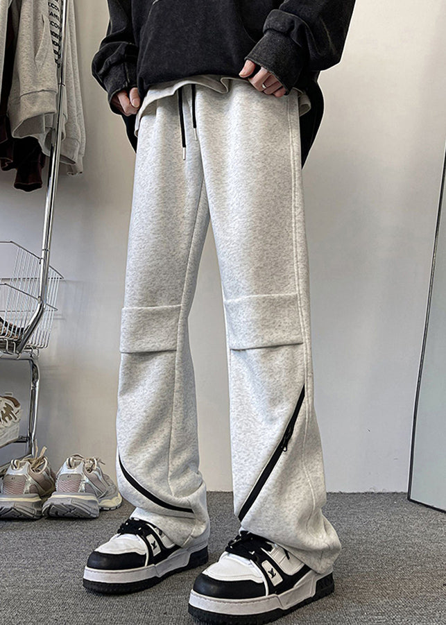 Original Grey Zippered Elastic Waist Cotton Pants Fall Wa045