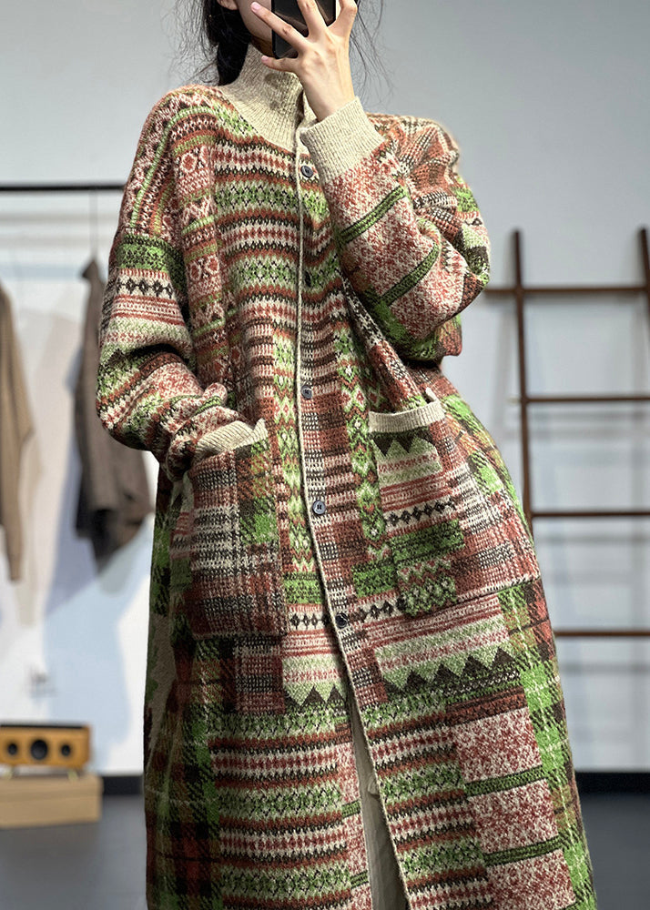 Original Khaki High Neck Print Pockets Knit Cardigans Spring Tz047