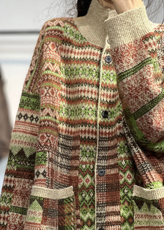 Original Khaki High Neck Print Pockets Knit Cardigans Spring Tz047
