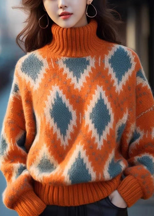 Original Orange Turtleneck Plaid Thick Knit Sweaters Winter Wx008