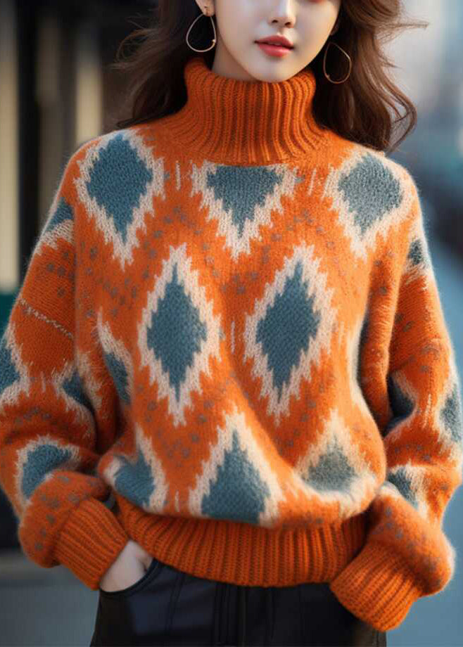 Original Orange Turtleneck Plaid Thick Knit Sweaters Winter Wx008