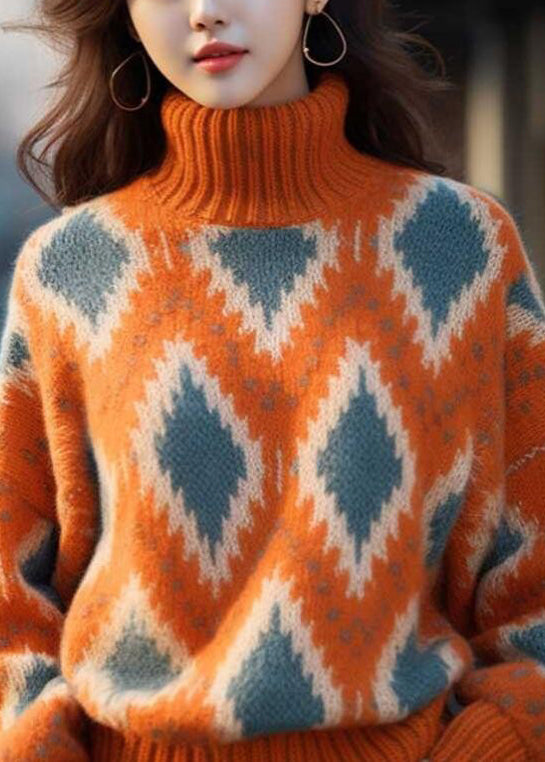 Original Orange Turtleneck Plaid Thick Knit Sweaters Winter Wx008