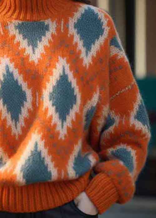 Original Orange Turtleneck Plaid Thick Knit Sweaters Winter Wx008