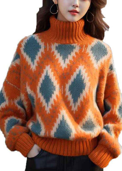 Original Orange Turtleneck Plaid Thick Knit Sweaters Winter Wx008