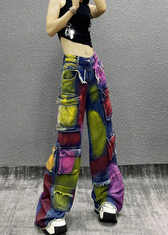 Original Tie Dye Tassel Pockets Patchwork Denim Wide Leg Pants Fall Ri011