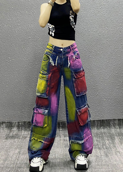 Original Tie Dye Tassel Pockets Patchwork Denim Wide Leg Pants Fall Ri011