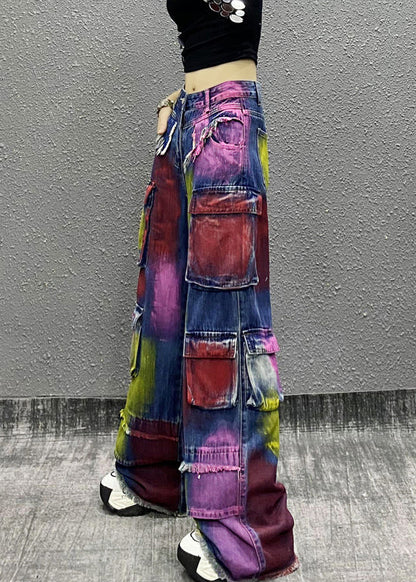 Original Tie Dye Tassel Pockets Patchwork Denim Wide Leg Pants Fall Ri011