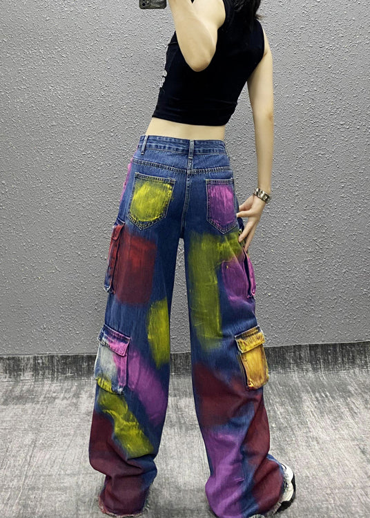 Original Tie Dye Tassel Pockets Patchwork Denim Wide Leg Pants Fall Ri011