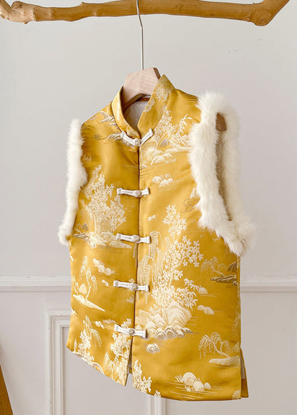 Original Yellow Button Fluffy Silk Sleeveless Waistcoat Stand Collar Qo077