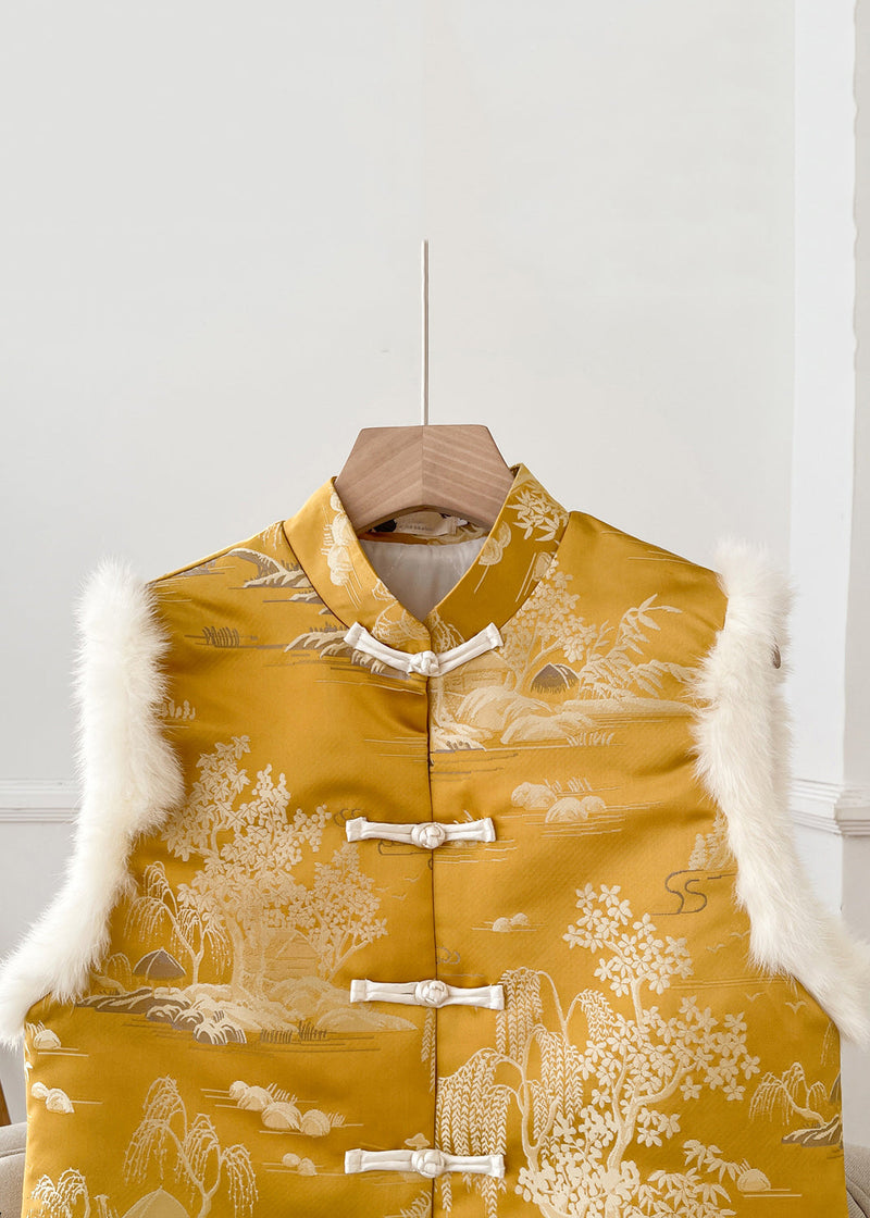 Original Yellow Button Fluffy Silk Sleeveless Waistcoat Stand Collar Qo077