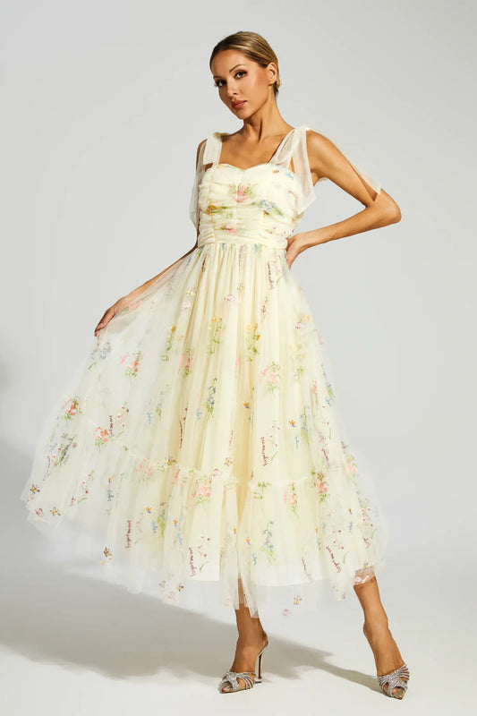 Oswald Pale Yellow Flower Mesh Midi Dress