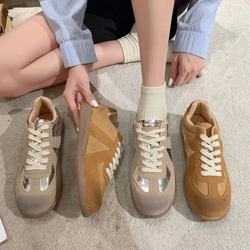 Outdoor Jogging Sneakers Suede Leather Patchwork Running Shoes Woman Lace Up Round Toe Leisure Trainers