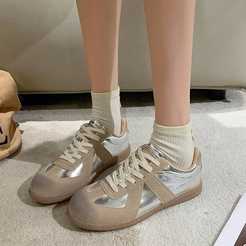 Outdoor Jogging Sneakers Suede Leather Patchwork Running Shoes Woman Lace Up Round Toe Leisure Trainers