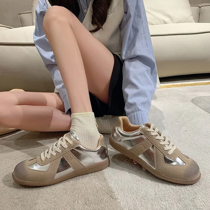 Outdoor Jogging Sneakers Suede Leather Patchwork Running Shoes Woman Lace Up Round Toe Leisure Trainers