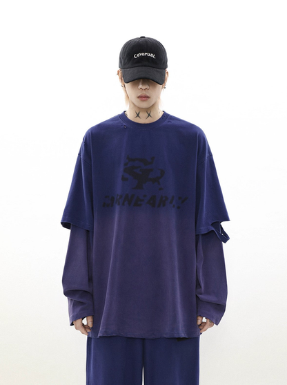Oversize Damage Long-sleeve T-shirt & Wide-leg Sweatpants Set