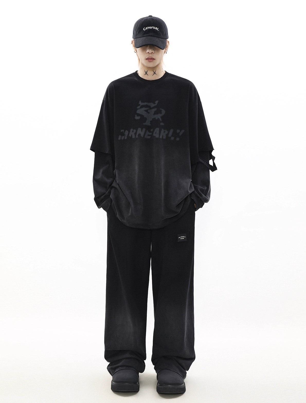 Oversize Damage Long-sleeve T-shirt & Wide-leg Sweatpants Set
