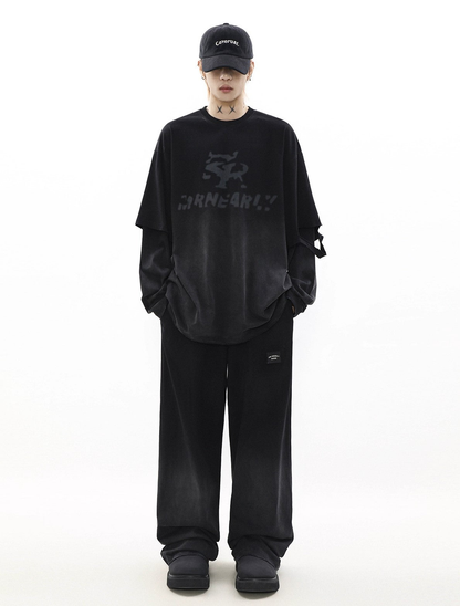 Oversize Damage Long-sleeve T-shirt & Wide-leg Sweatpants Set