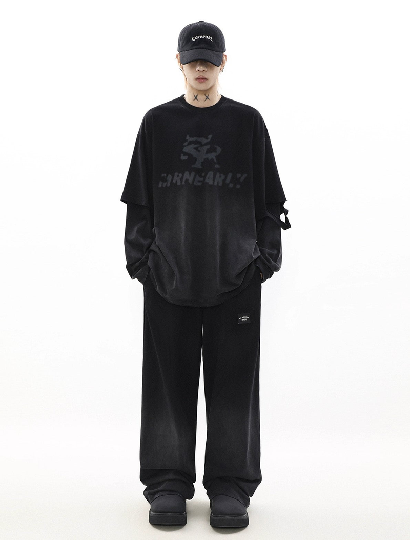 Oversize Damage Long-sleeve T-shirt & Wide-leg Sweatpants Set