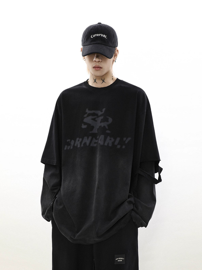 Oversize Damage Long-sleeve T-shirt & Wide-leg Sweatpants Set
