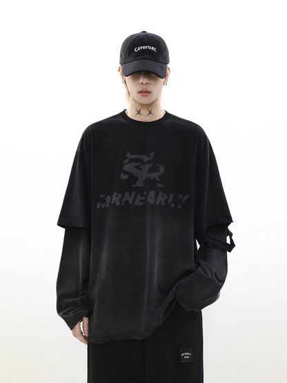 Oversize Damage Long-sleeve T-shirt & Wide-leg Sweatpants Set