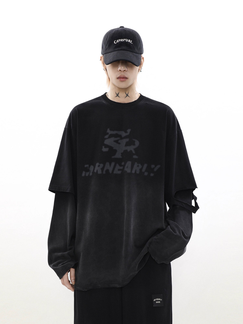 Oversize Damage Long-sleeve T-shirt & Wide-leg Sweatpants Set